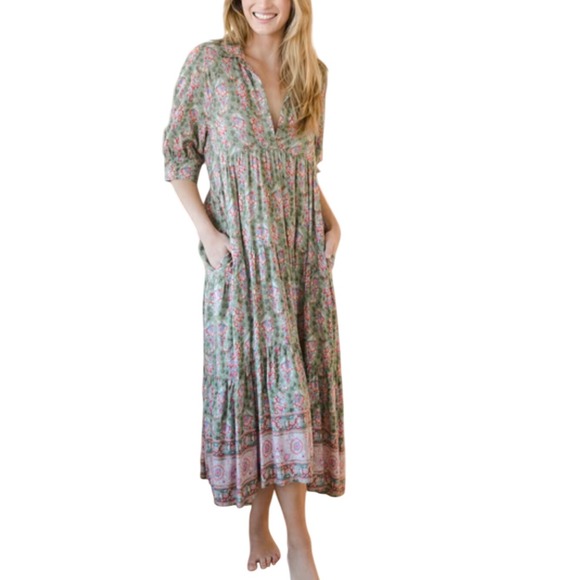 Natural Life M Rebecca Midi Dress Green Floral Print Boho Peasant Flowy Babydoll - Picture 1 of 10